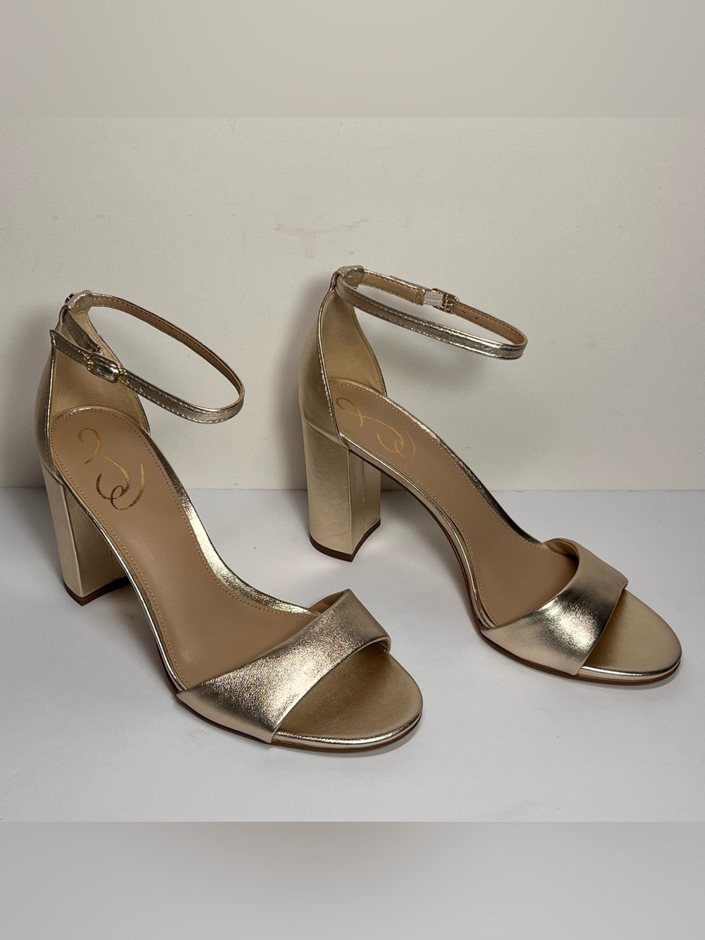 Sam Edelman Metallic Gold Ankle-Strap Block Heel Sandals